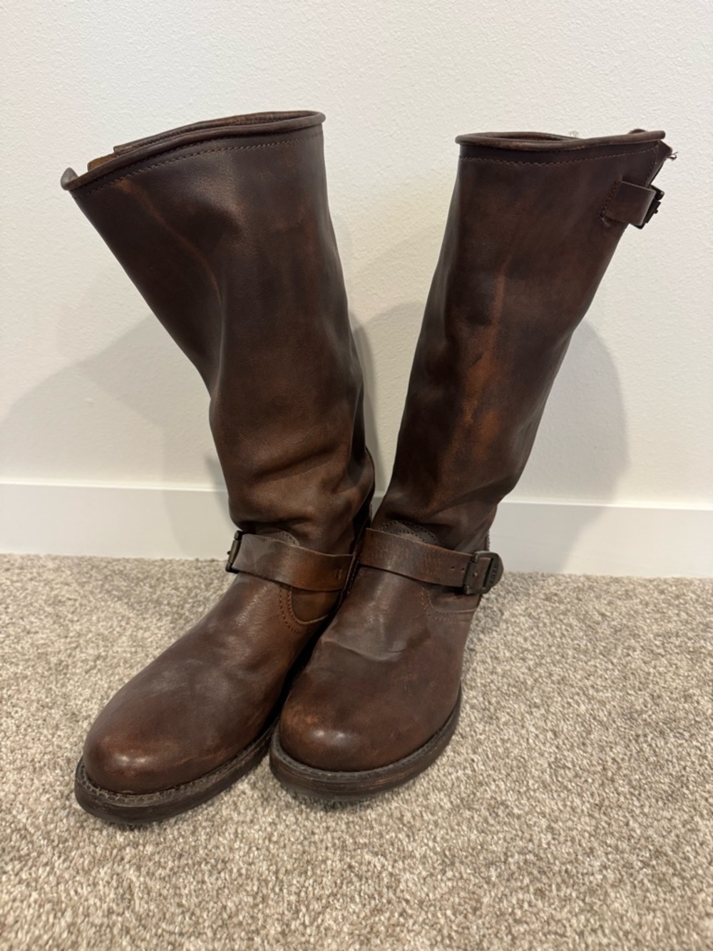 Frye Dark Brown Leather Buckle Mid-Calf Boots